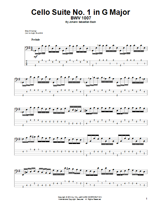Johann Sebastian Bach Cello Suite No. 1 In G Major, BWV 1007 sheet music notes and chords arranged for Bass Guitar Tab