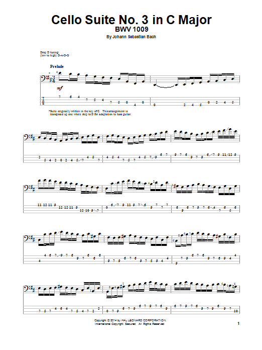 Johann Sebastian Bach Cello Suite No. 3 In C Major, BWV 1009 sheet music notes and chords arranged for Bass Guitar Tab