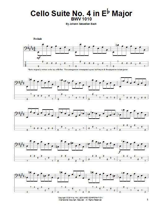 Johann Sebastian Bach Cello Suite No. 4 In E-Flat Major, BWV 1010 sheet music notes and chords arranged for Bass Guitar Tab