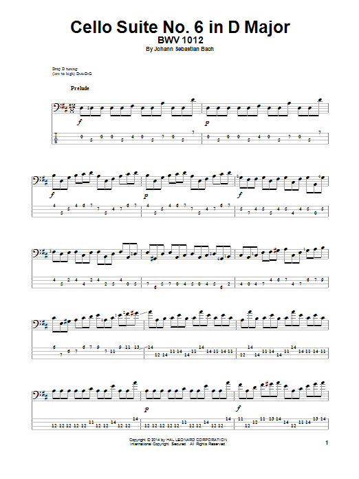 Johann Sebastian Bach Cello Suite No. 6 In D Major, BWV 1012 sheet music notes and chords arranged for Bass Guitar Tab