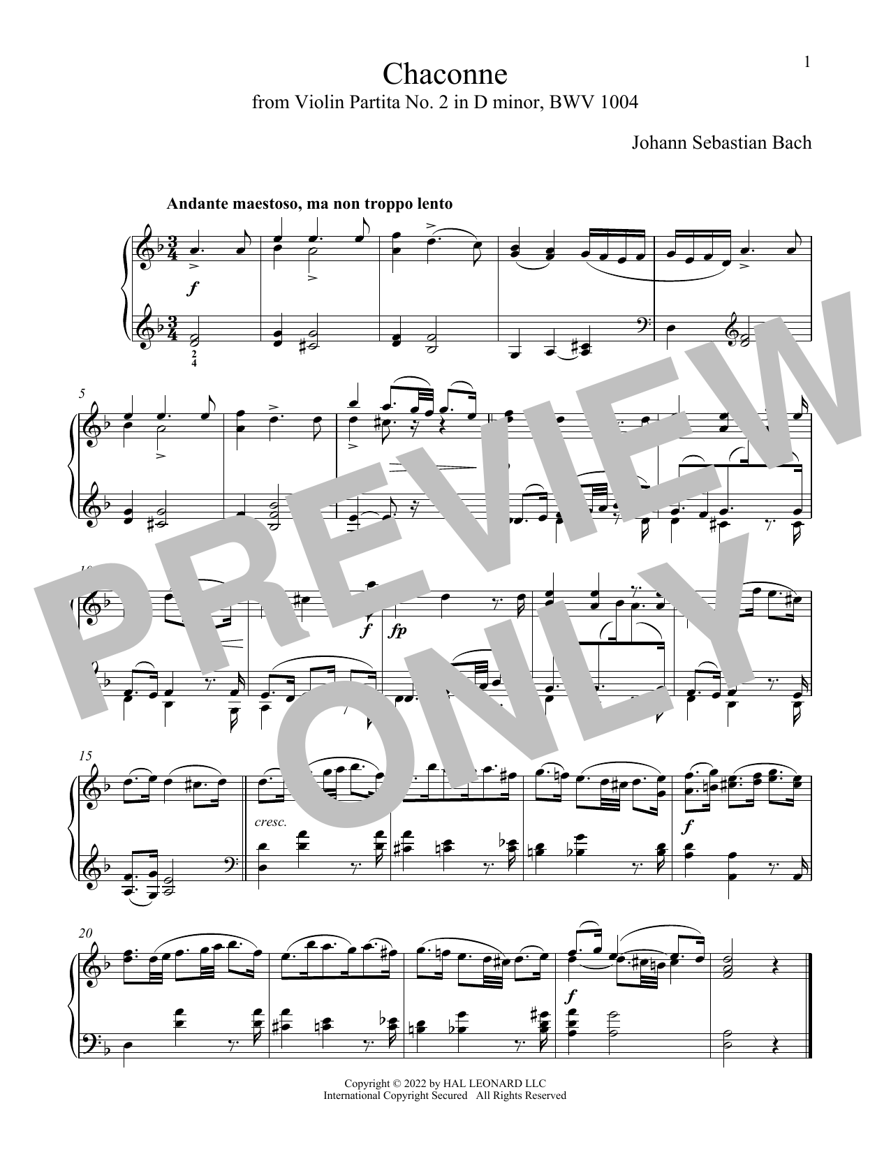 Johann Sebastian Bach Chaconne (Theme), BWV 1004 sheet music notes and chords arranged for Piano Solo