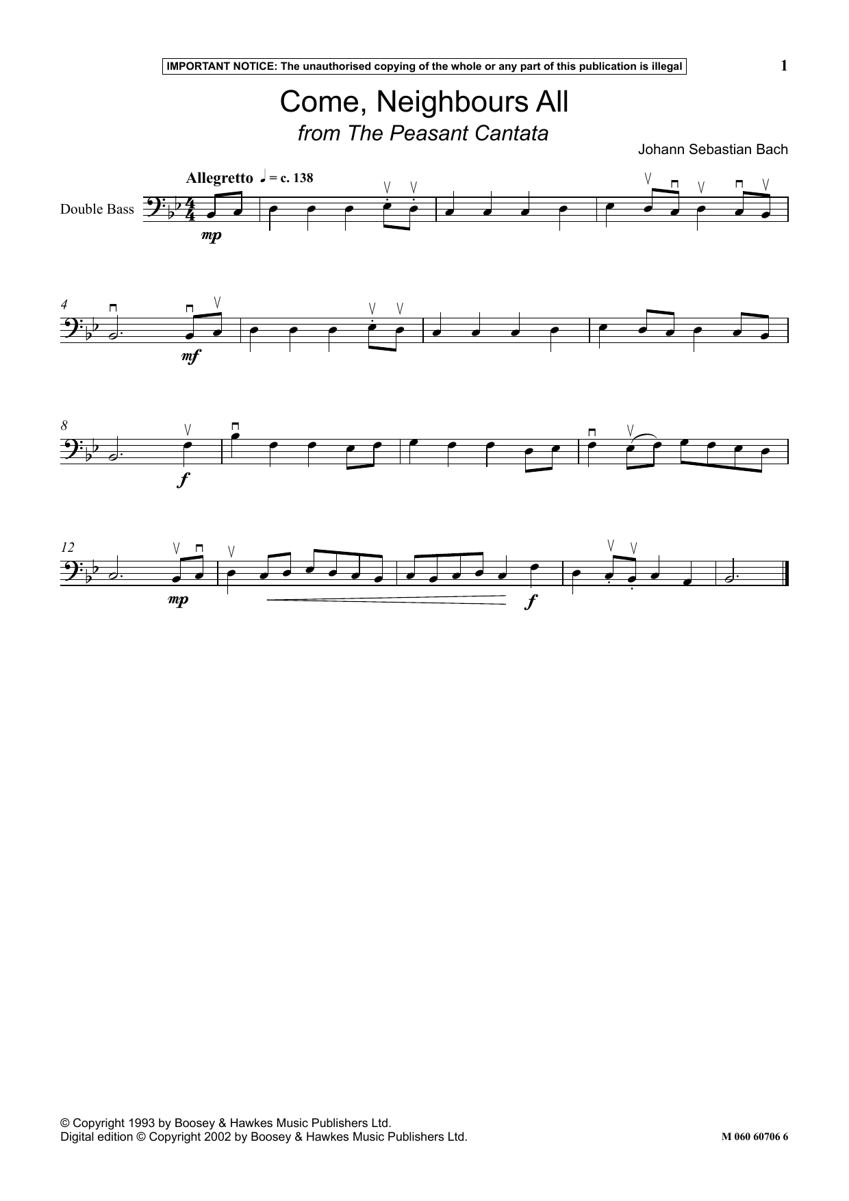 Johann Sebastian Bach Come, Neighbours All (from The Peasant Cantata) sheet music notes and chords arranged for Instrumental Solo