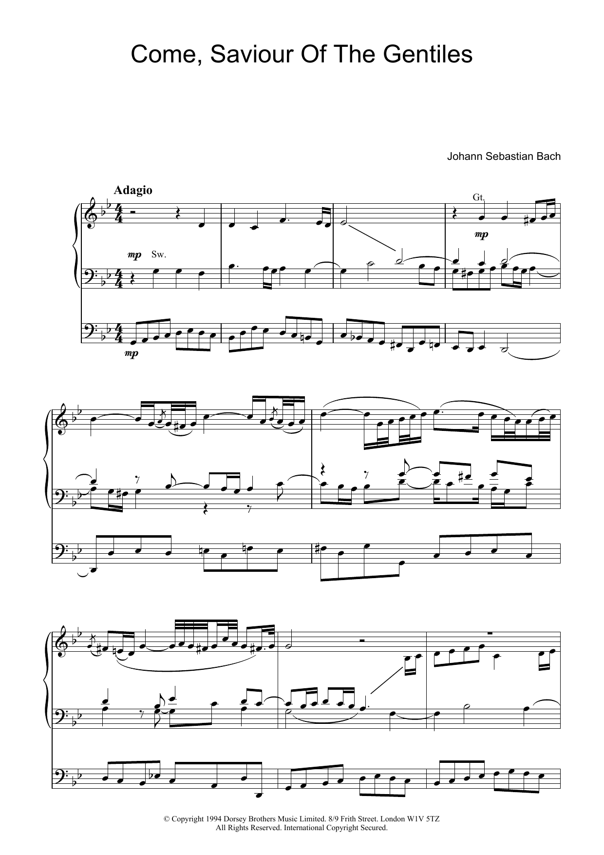 Johann Sebastian Bach Come, Saviour Of The Gentiles sheet music notes and chords arranged for Organ