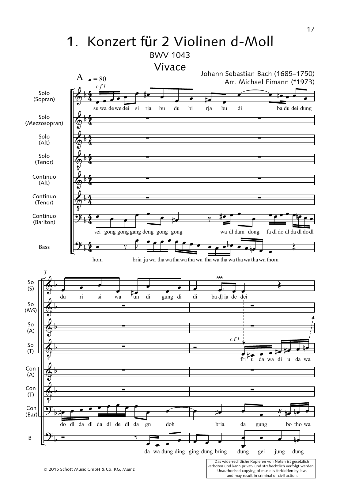 Johann Sebastian Bach Concerto for 2 Violins (Vivace) sheet music notes and chords arranged for Choir