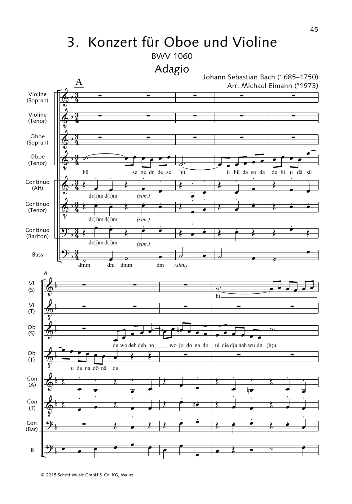 Johann Sebastian Bach Concerto for Oboe and Violin (Adagio) sheet music notes and chords arranged for Choir