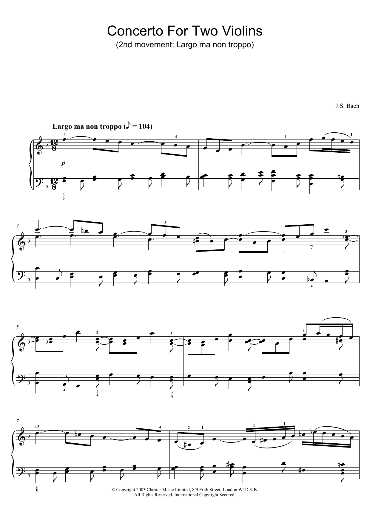 Johann Sebastian Bach Concerto For Two Violins (2nd movement: Largo ma non troppo) sheet music notes and chords arranged for Piano Solo