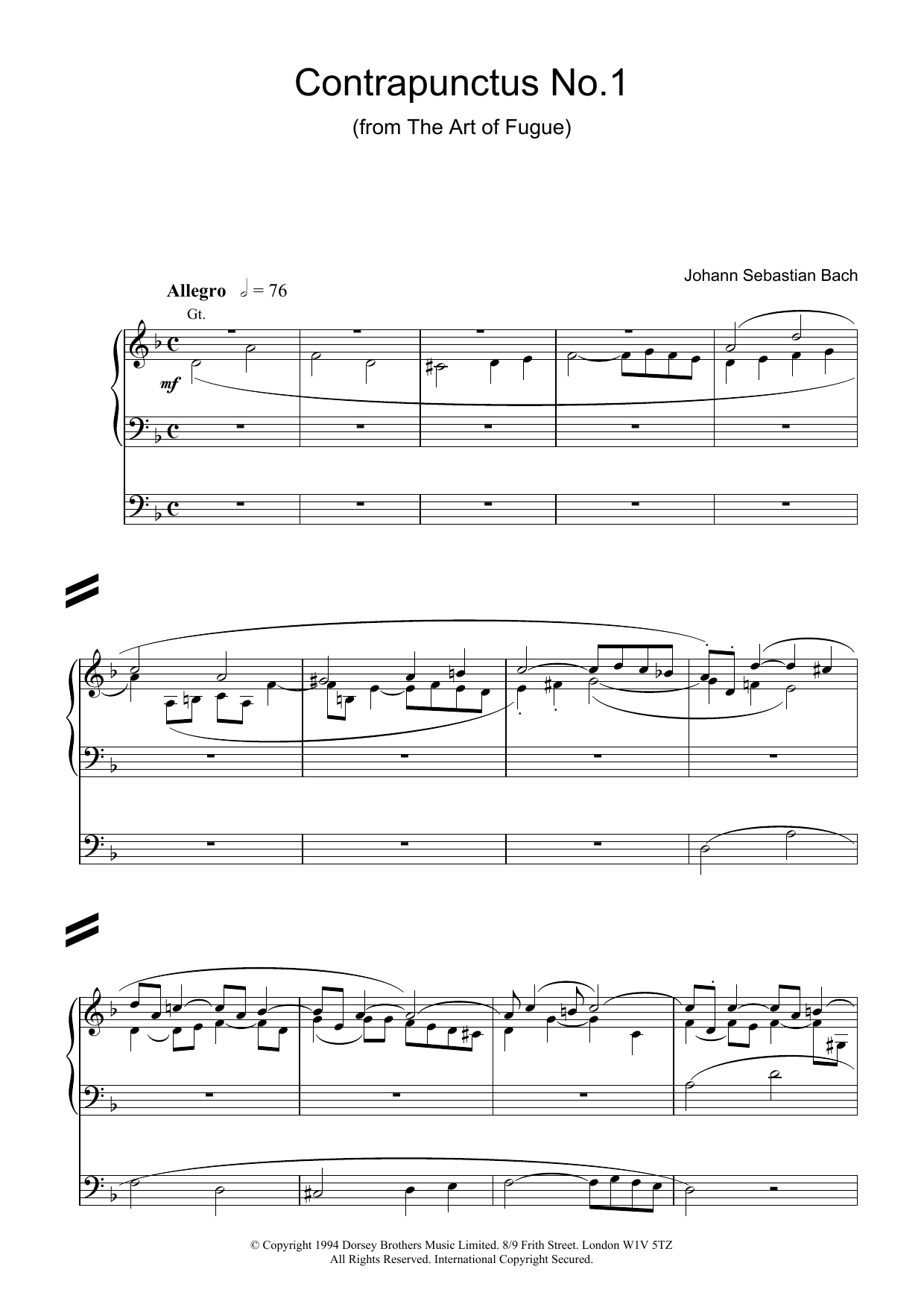 Johann Sebastian Bach Contrapunctus No.1 from The Art of Fugue sheet music notes and chords arranged for Organ