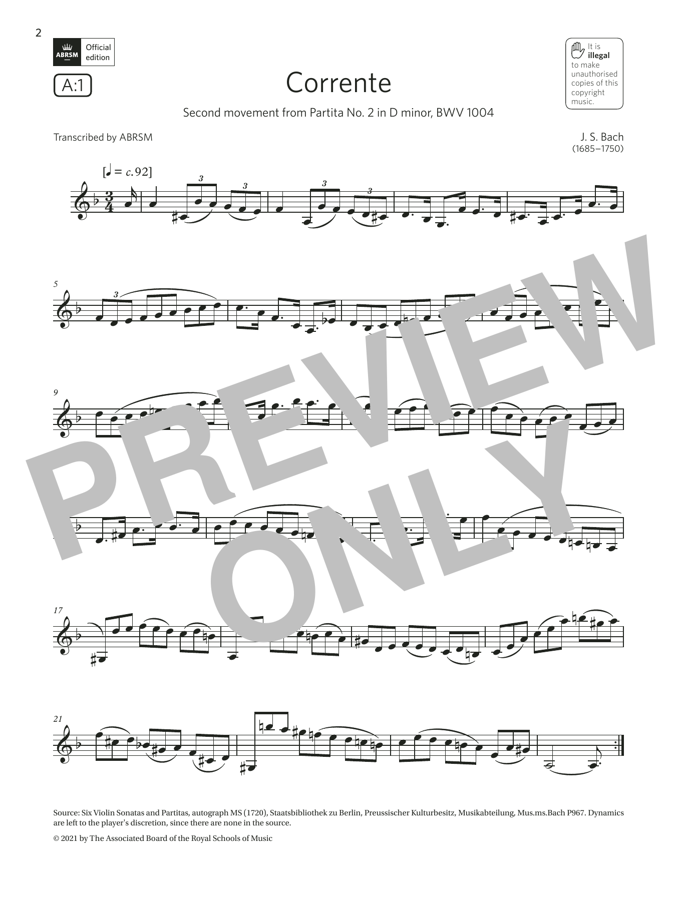 Johann Sebastian Bach Corrente (from Partita No2 in D minor) (Grade 6 List A1 from the ABRSM Clarinet syllabus from 2022) sheet music notes and chords arranged for Clarinet Solo