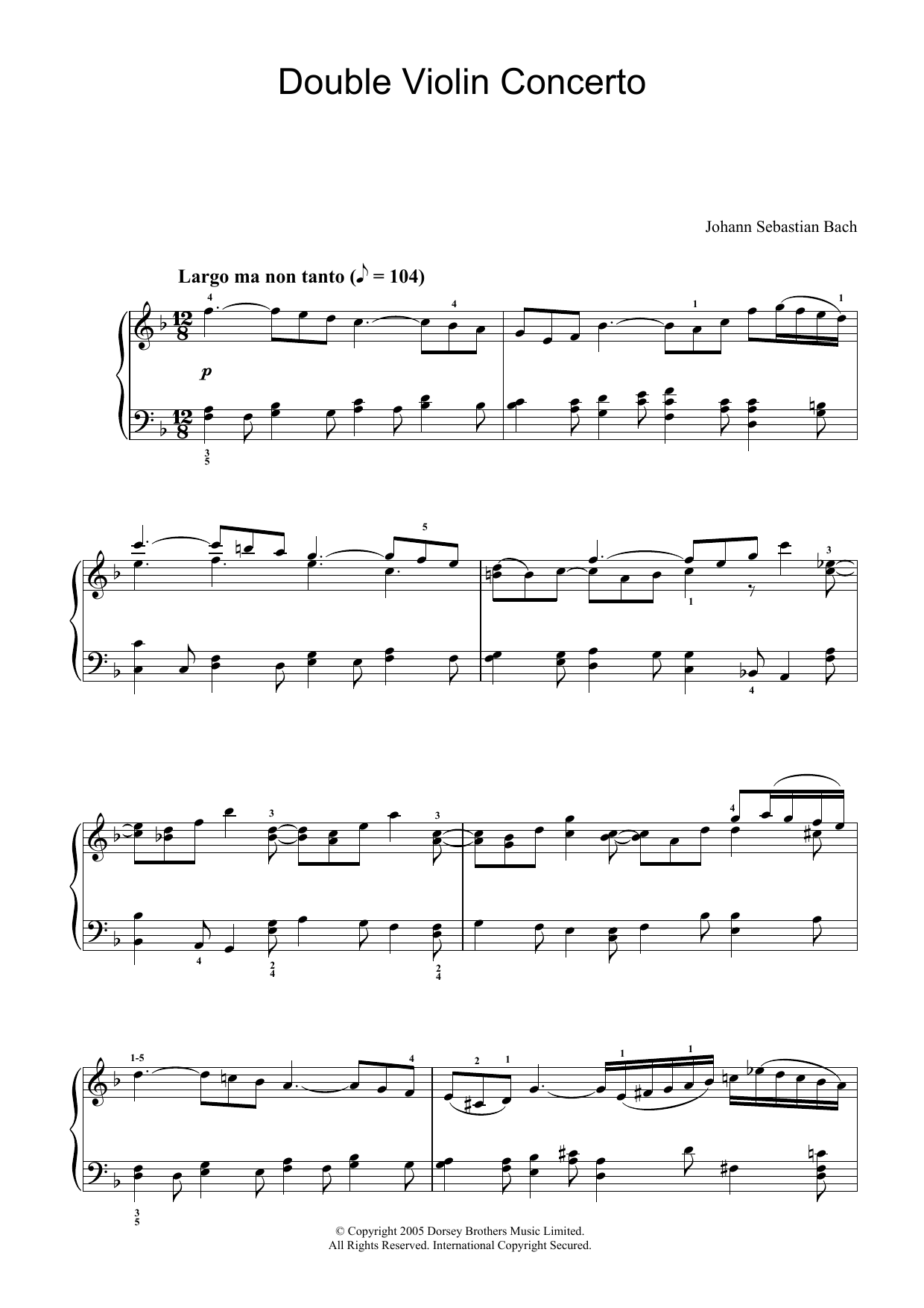 Johann Sebastian Bach Double Violin Concerto, 2nd Movement sheet music notes and chords arranged for Piano Solo