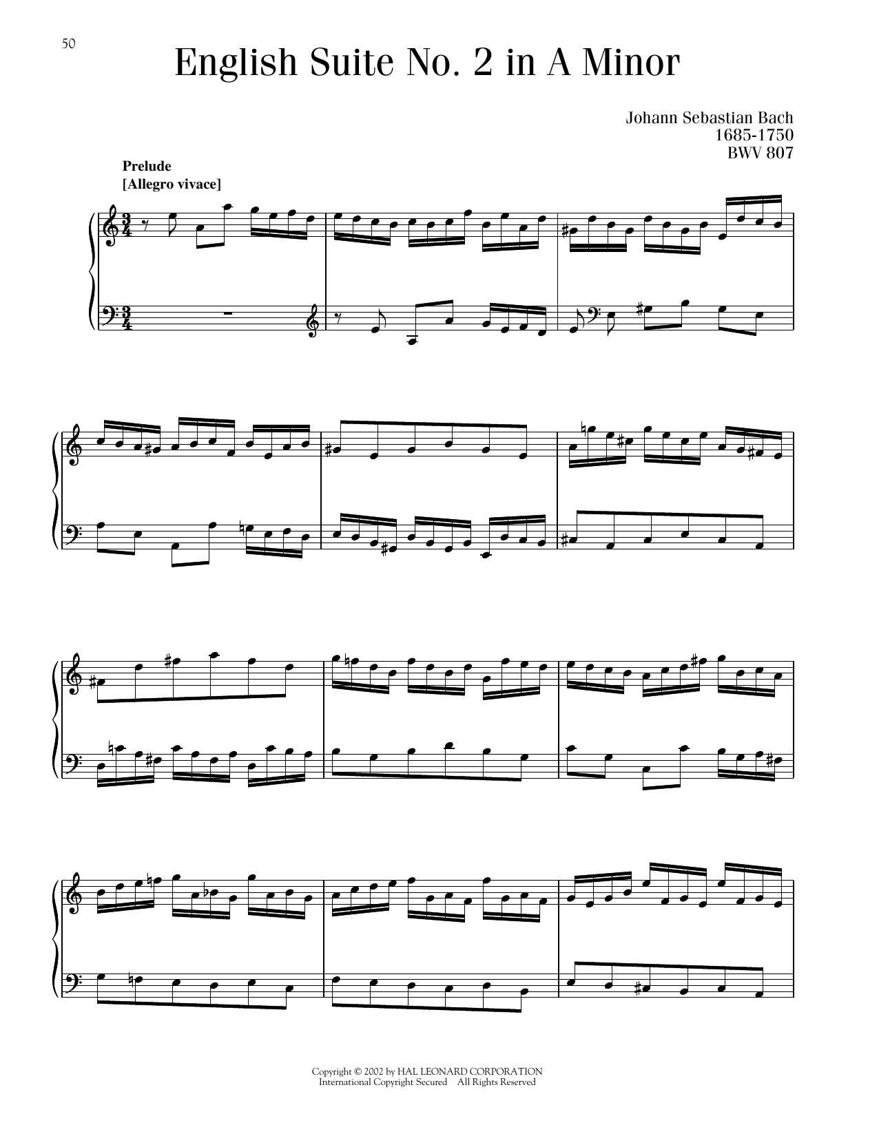 Johann Sebastian Bach English Suite No. 2, BWV 807 sheet music notes and chords arranged for Piano Solo