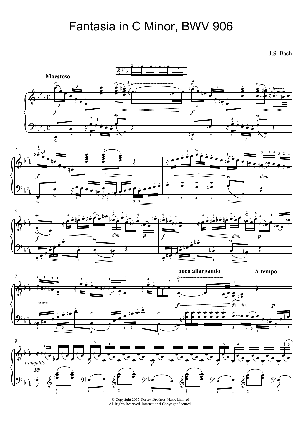 Johann Sebastian Bach Fantasia in C Minor, BWV 906 sheet music notes and chords arranged for Piano Solo