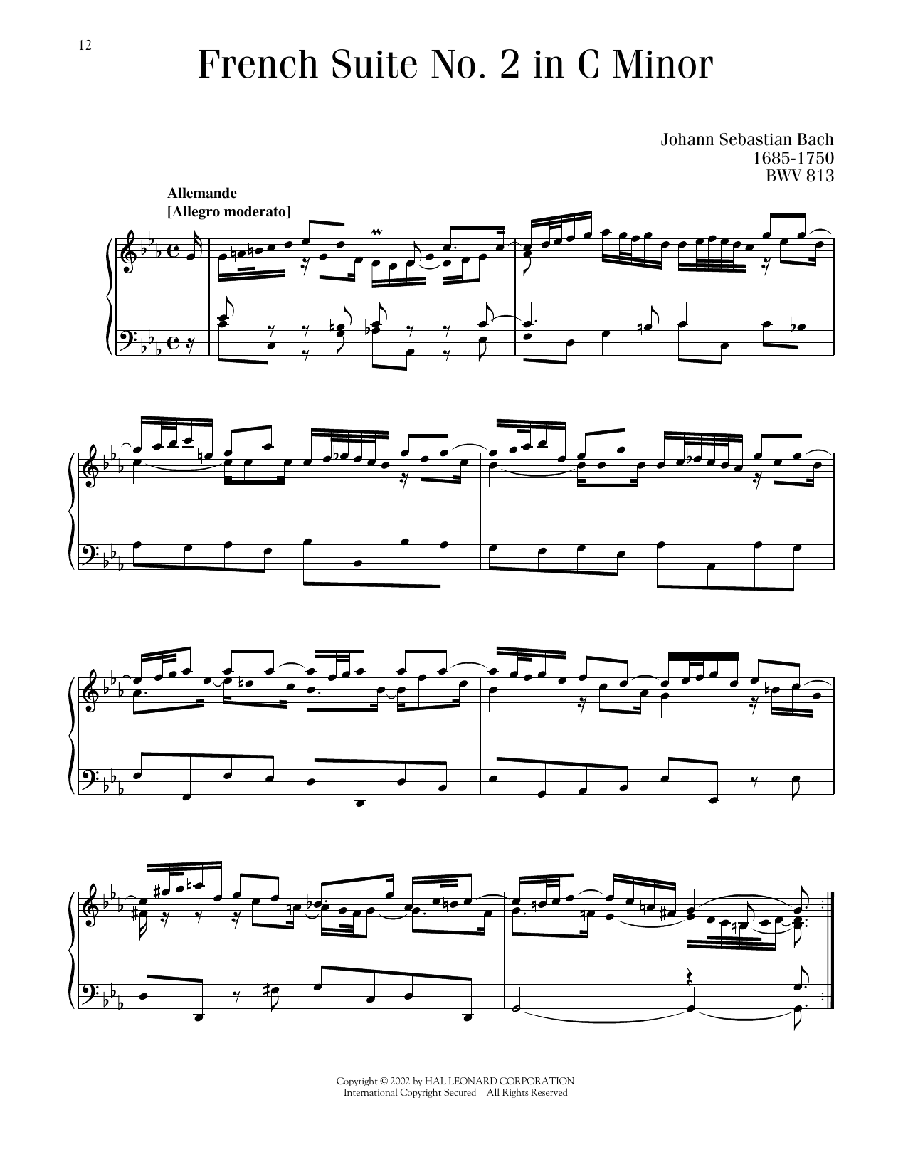 Johann Sebastian Bach French Suite No. 2, BWV 813 sheet music notes and chords arranged for Piano Solo
