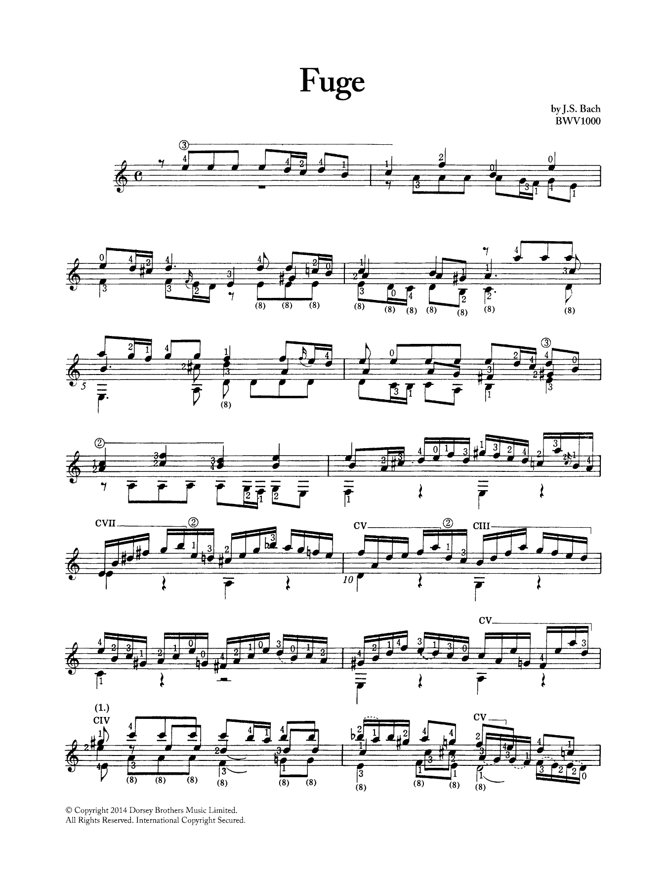 Johann Sebastian Bach Fugue In A Minor BWV 1000 sheet music notes and chords arranged for Solo Guitar