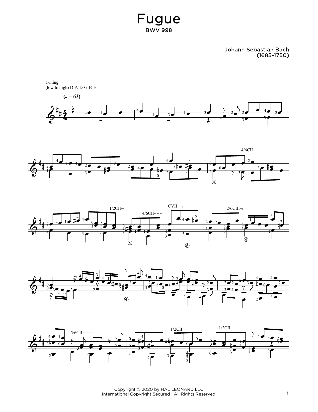 Johann Sebastian Bach Fugue In E-Flat Major, BWV 998 sheet music notes and chords arranged for Solo Guitar
