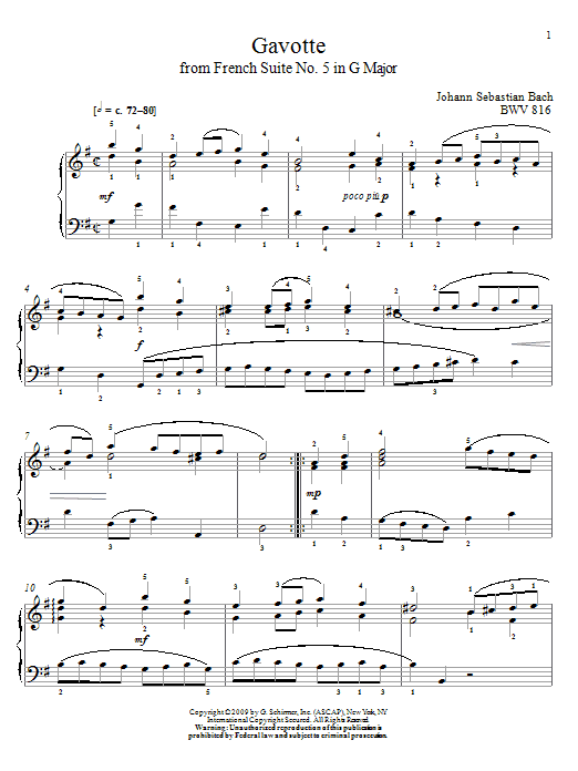 Johann Sebastian Bach Gavotte, BWV 816 sheet music notes and chords arranged for Piano Solo
