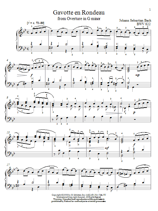 Johann Sebastian Bach Gavotte en Rondeau, BWV 811 sheet music notes and chords arranged for Piano Solo