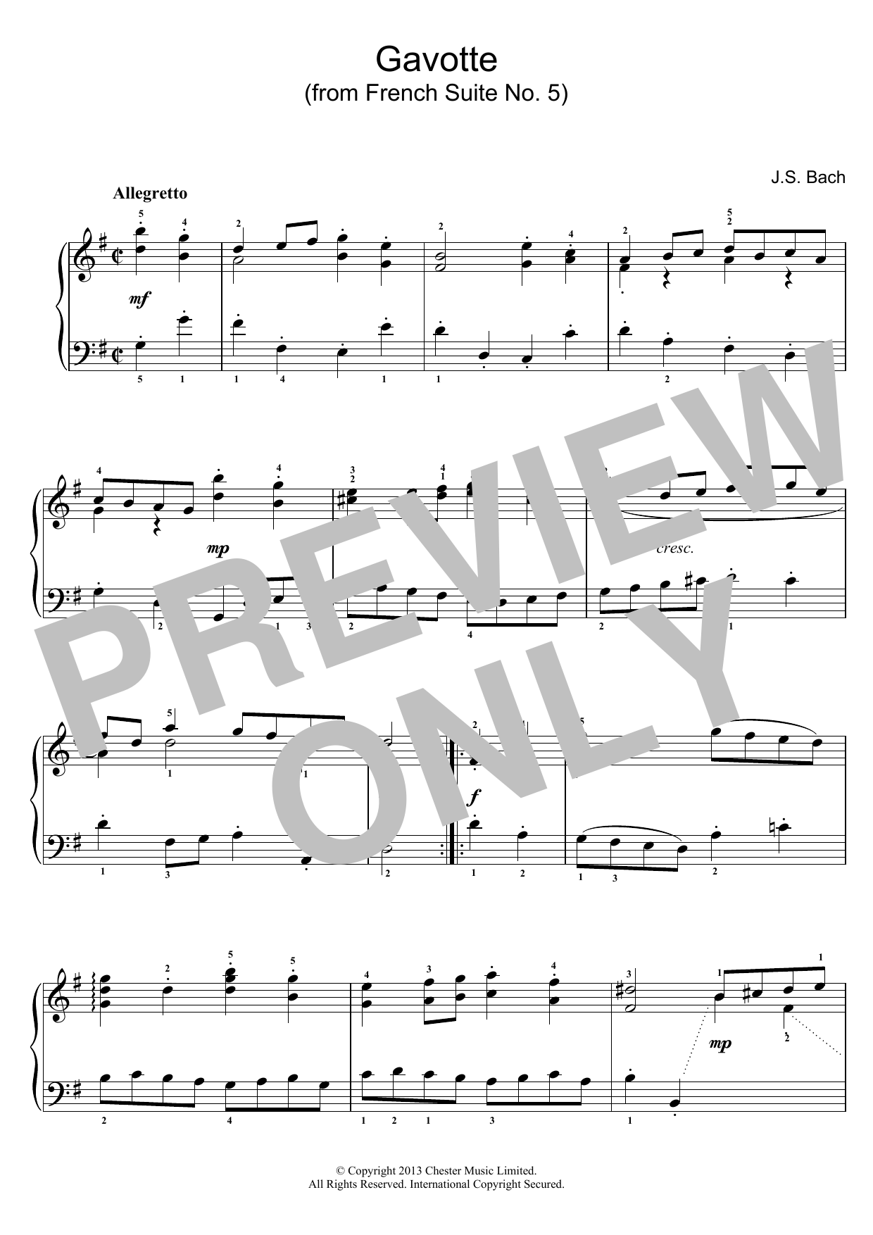 Johann Sebastian Bach Gavotte (from French Suite No. 5) sheet music notes and chords arranged for Piano Solo