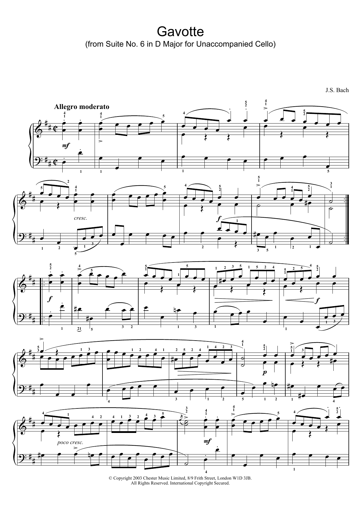 Johann Sebastian Bach Gavotte (from Suite No. 6 in D Major for Unaccompanied Cello) sheet music notes and chords arranged for Piano Solo