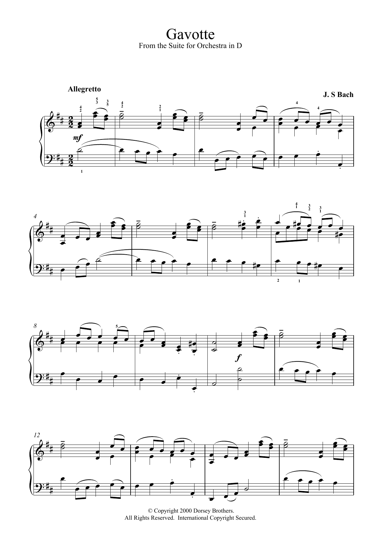 Johann Sebastian Bach Gavotte (from the Suite for Orchestra in D) sheet music notes and chords arranged for Piano Solo