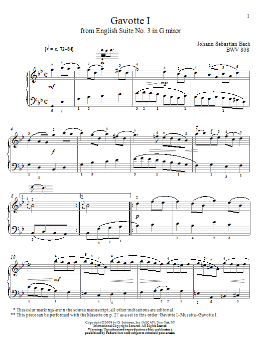Johann Sebastian Bach Gavotte I, BWV 808 sheet music notes and chords arranged for Piano Solo