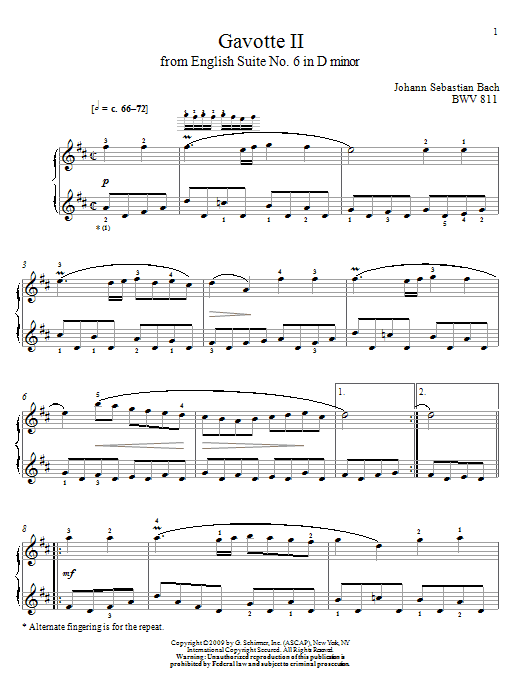 Johann Sebastian Bach Gavotte II, BWV 811 sheet music notes and chords arranged for Piano Solo