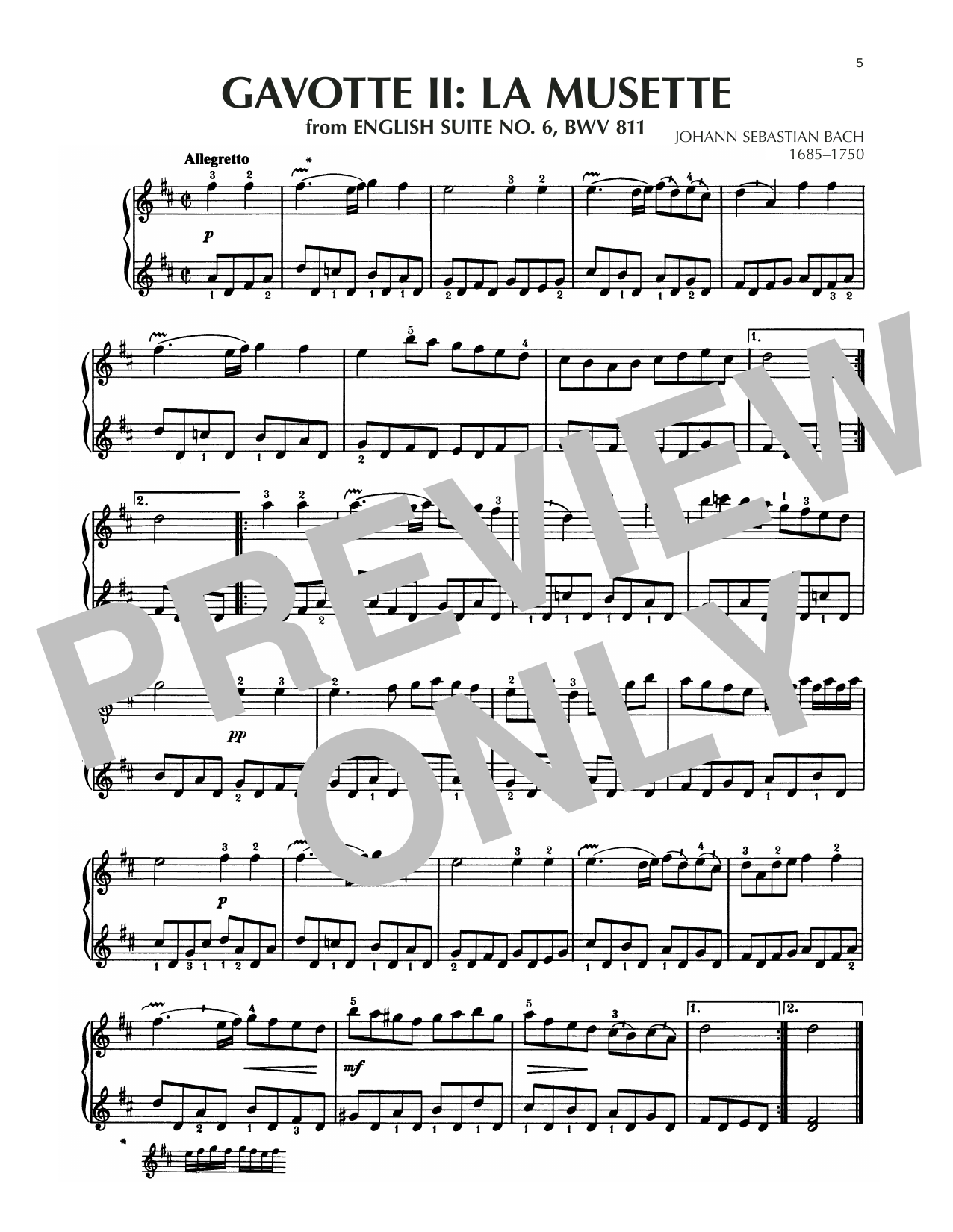 Johann Sebastian Bach Gavotte II In D Major, BWV 811 sheet music notes and chords arranged for Piano Solo