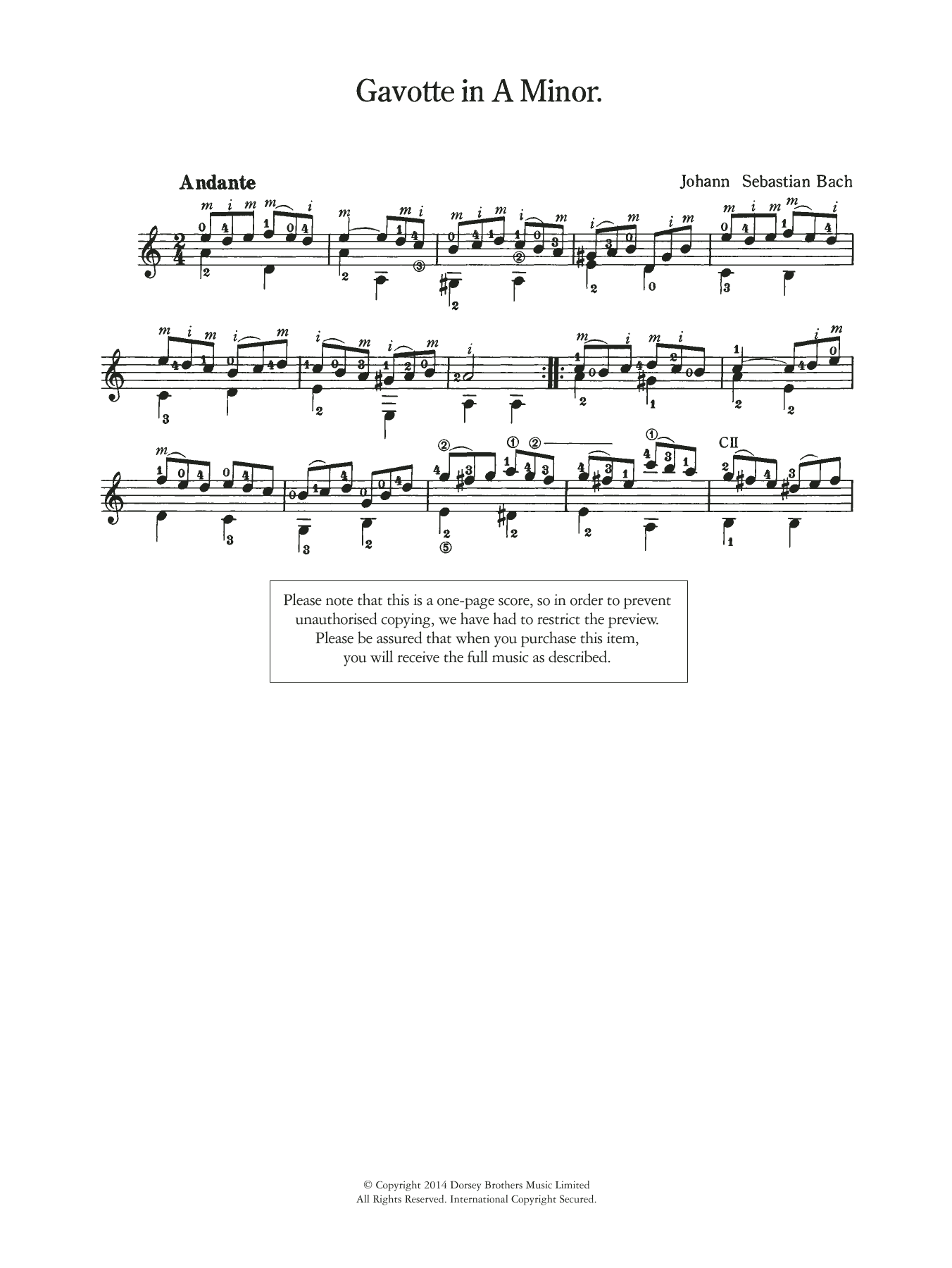 Johann Sebastian Bach Gavotte in A Minor sheet music notes and chords arranged for Solo Guitar