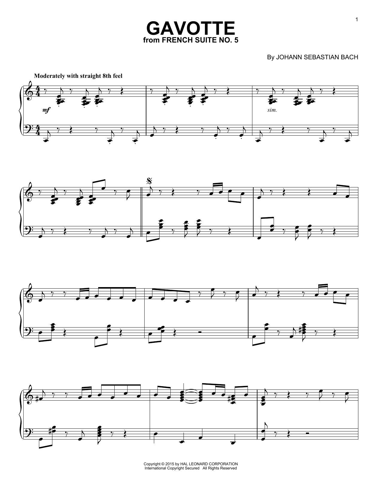 Johann Sebastian Bach Gavotte [Jazz version] sheet music notes and chords arranged for Piano Solo