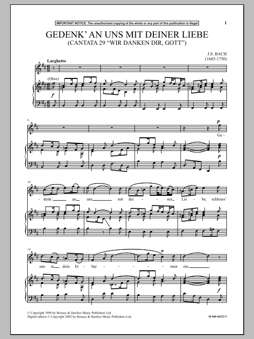Johann Sebastian Bach Gedenk An Uns Mit Deiner Liebe (Cantata 29 Wir Danken Dir, Gott ) sheet music notes and chords arranged for Piano & Vocal