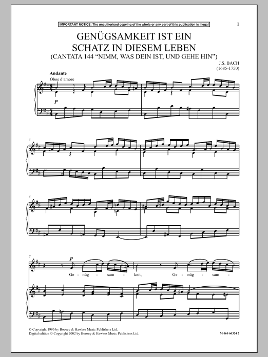 Johann Sebastian Bach Genugsamkeit Ist Ein Schatz In Diesem Leben (Cantata 144 Nimm, Was Dein Ist, Und Gehe Hin) sheet music notes and chords arranged for Piano & Vocal