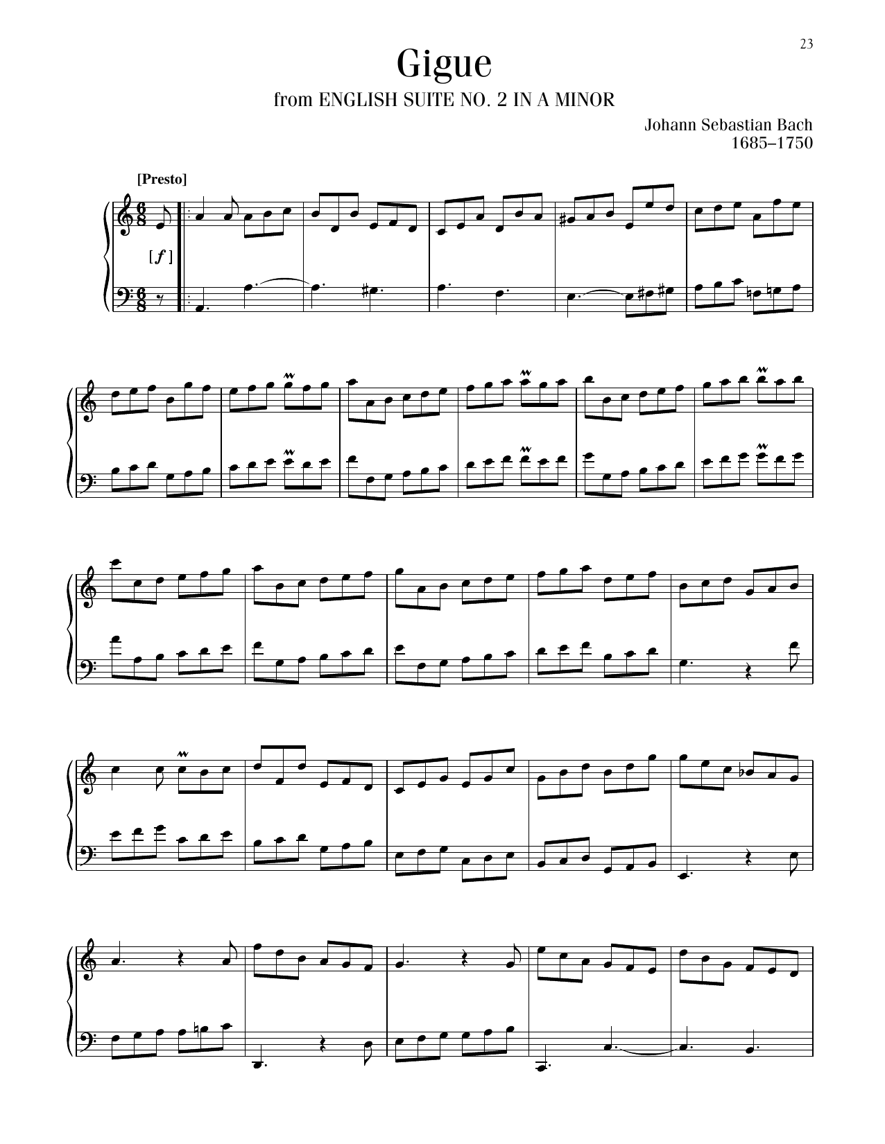 Johann Sebastian Bach Gigue, BWV 807 sheet music notes and chords arranged for Piano Solo