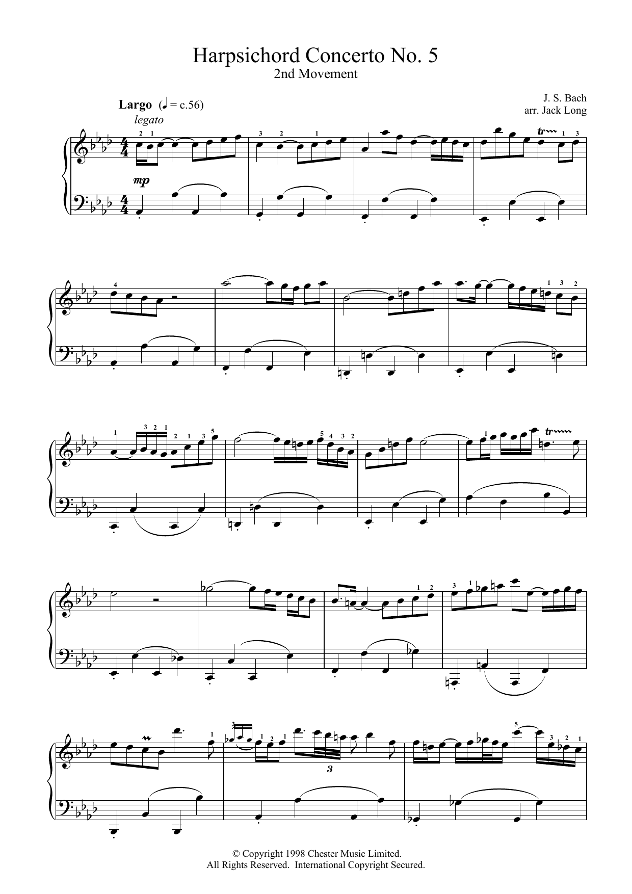 Johann Sebastian Bach Harpsichord Concerto No. 5 sheet music notes and chords arranged for Piano Solo