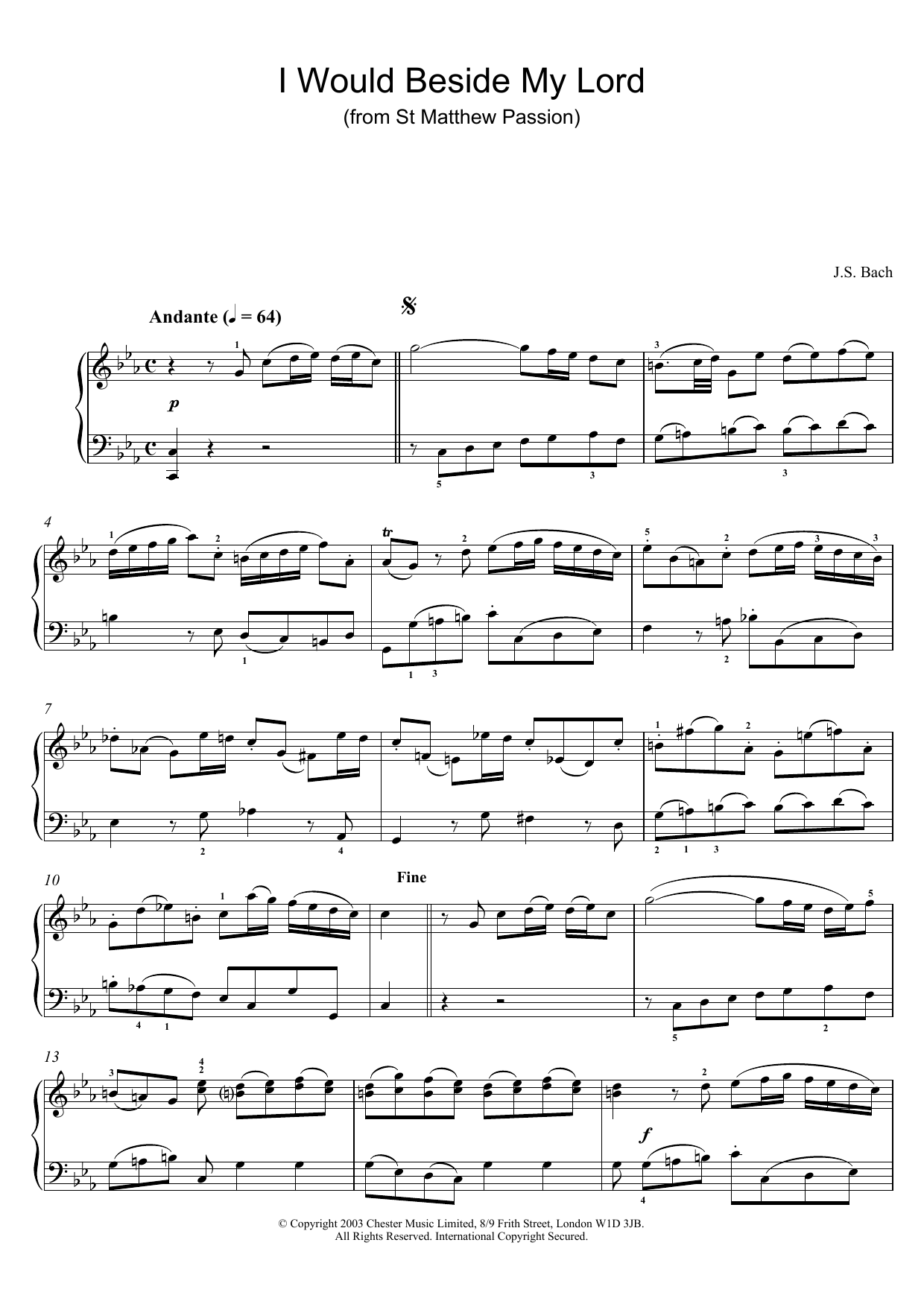 Johann Sebastian Bach I Would Beside My Lord (from St Matthew Passion) sheet music notes and chords arranged for Piano Solo