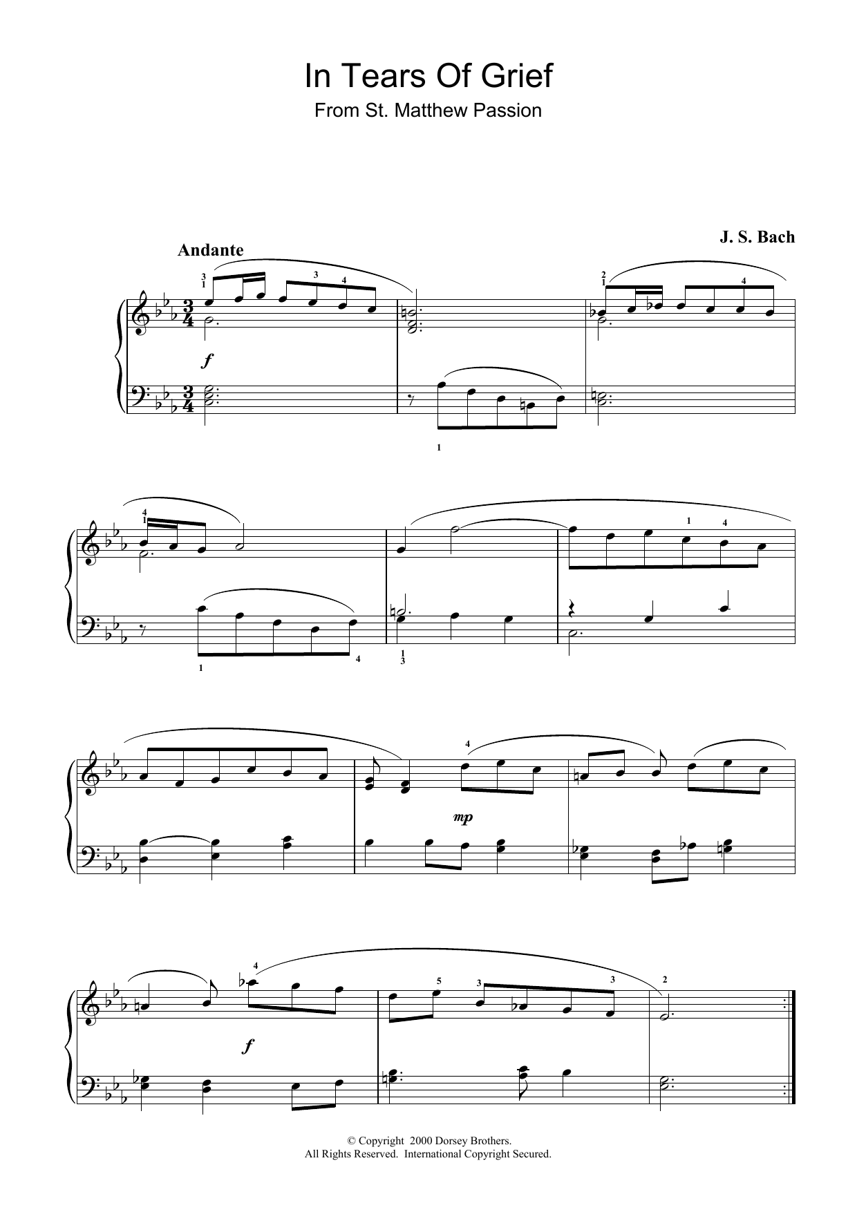 Johann Sebastian Bach In Tears Of Grief (from St Matthew Passion) sheet music notes and chords arranged for Piano Solo
