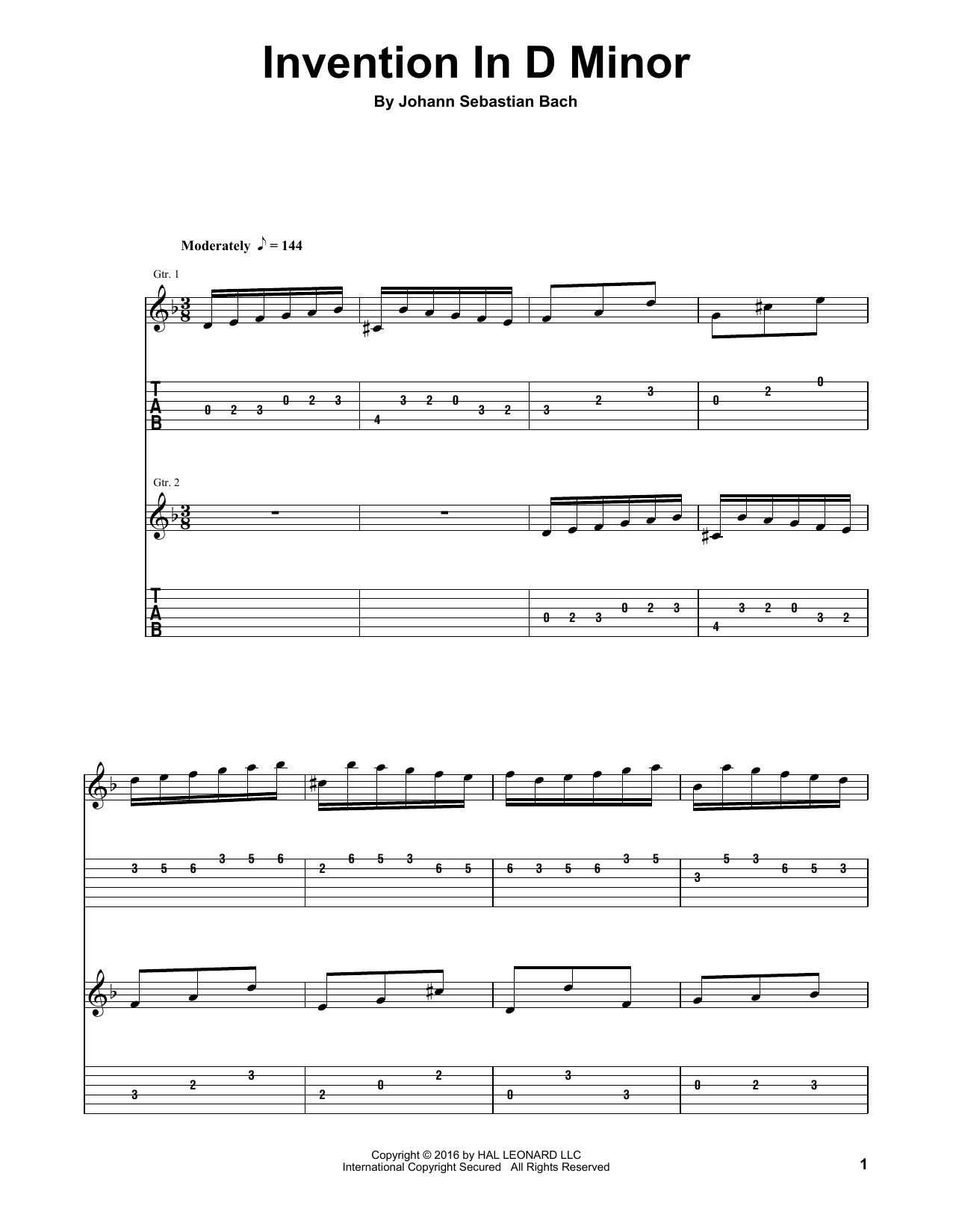 Johann Sebastian Bach Invention In D Minor sheet music notes and chords arranged for Guitar Tab (Single Guitar)