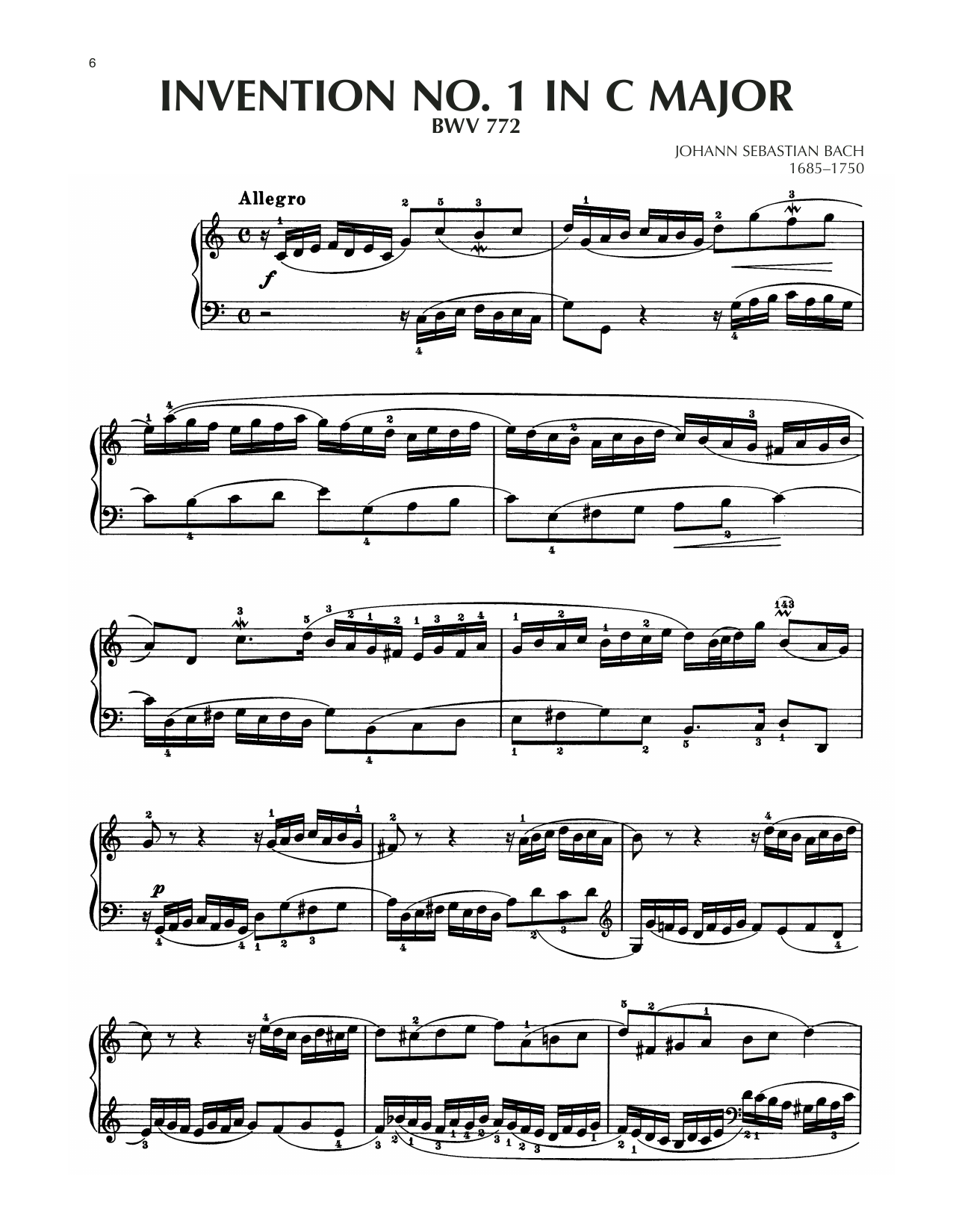 Johann Sebastian Bach Invention No. 1 In C Major, BWV 772 sheet music notes and chords arranged for Piano Solo