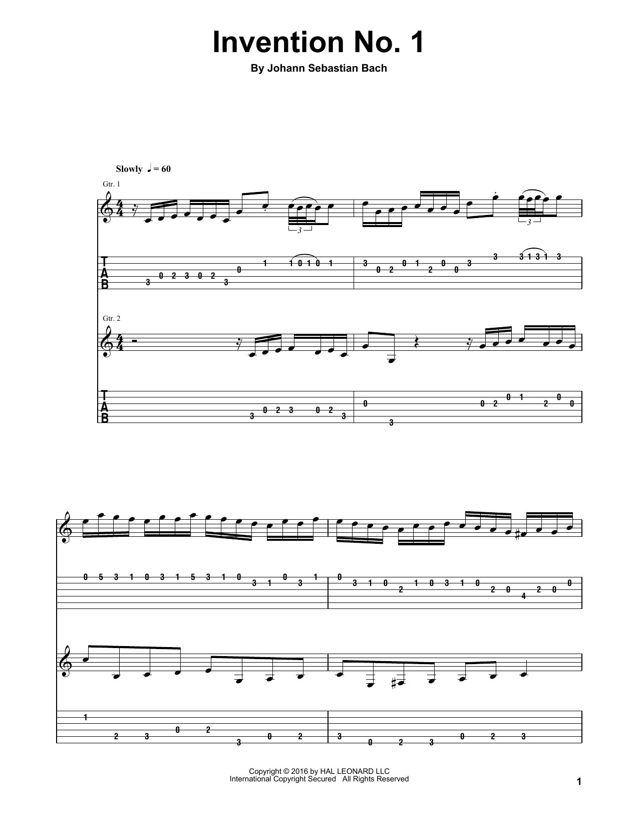 Johann Sebastian Bach Invention No. 1 sheet music notes and chords arranged for Guitar Tab (Single Guitar)