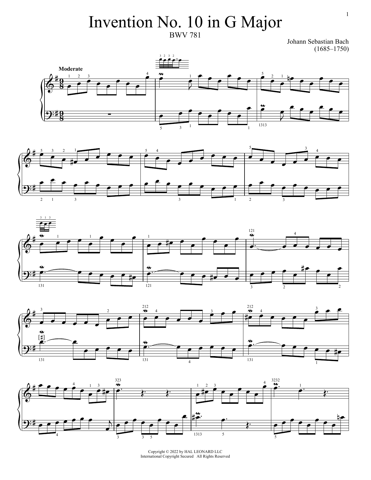 Johann Sebastian Bach Invention No. 10 In G Major, BWV 781 sheet music notes and chords arranged for Piano Solo