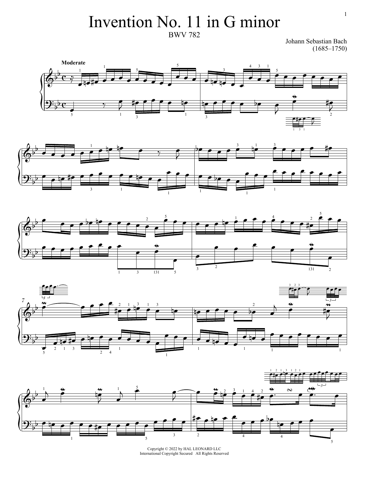 Johann Sebastian Bach Invention No. 11 In G Minor, BWV 782 sheet music notes and chords arranged for Piano Solo