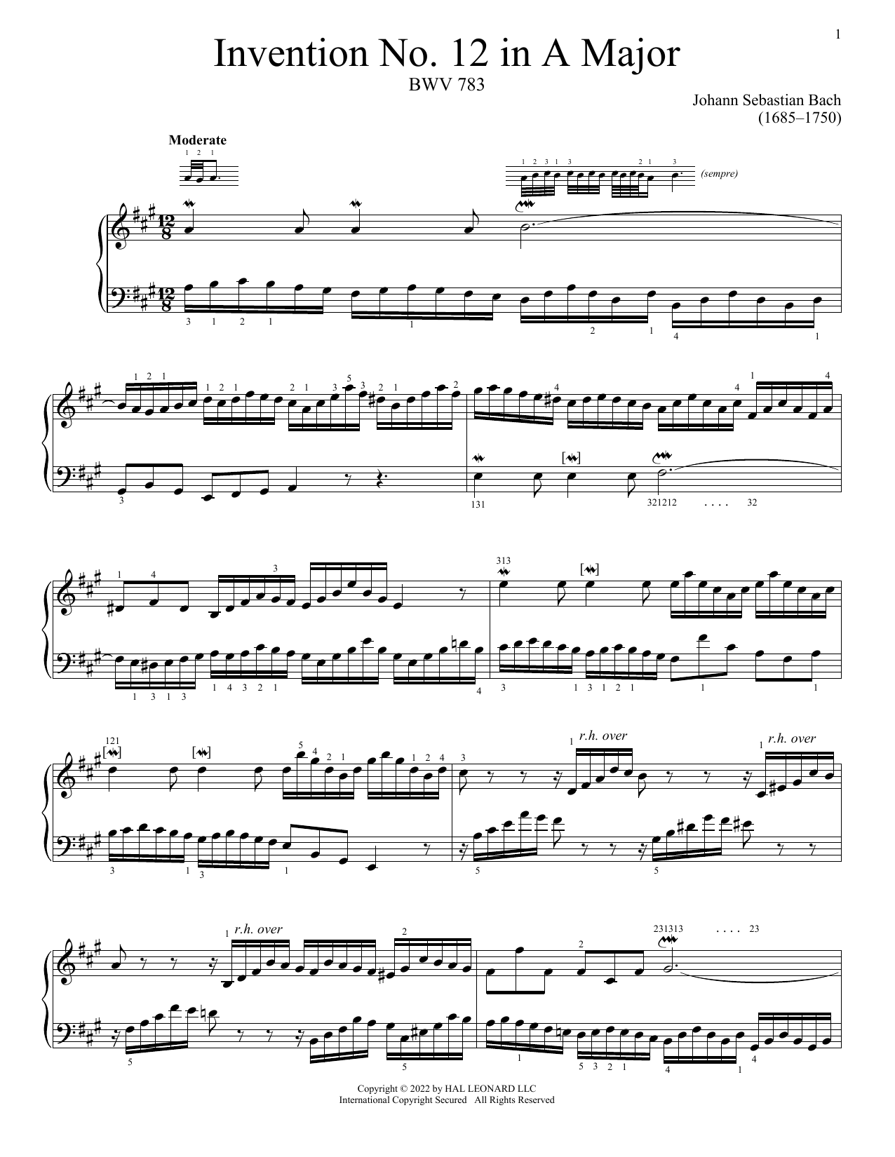 Johann Sebastian Bach Invention No. 12 In A Major, BWV 783 sheet music notes and chords arranged for Piano Solo