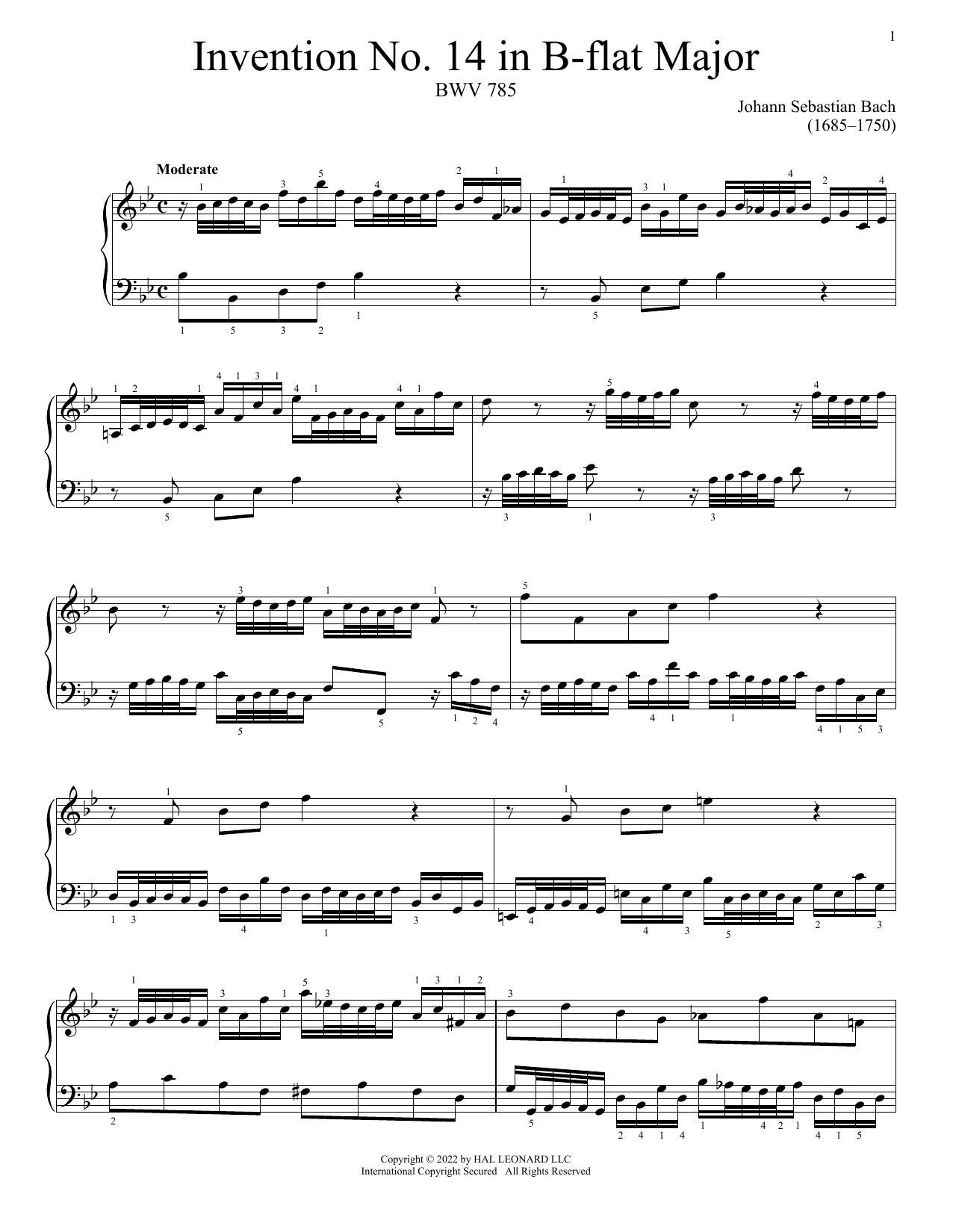 Johann Sebastian Bach Invention No. 14 In B-Flat Major, BWV 785 sheet music notes and chords arranged for Piano Solo