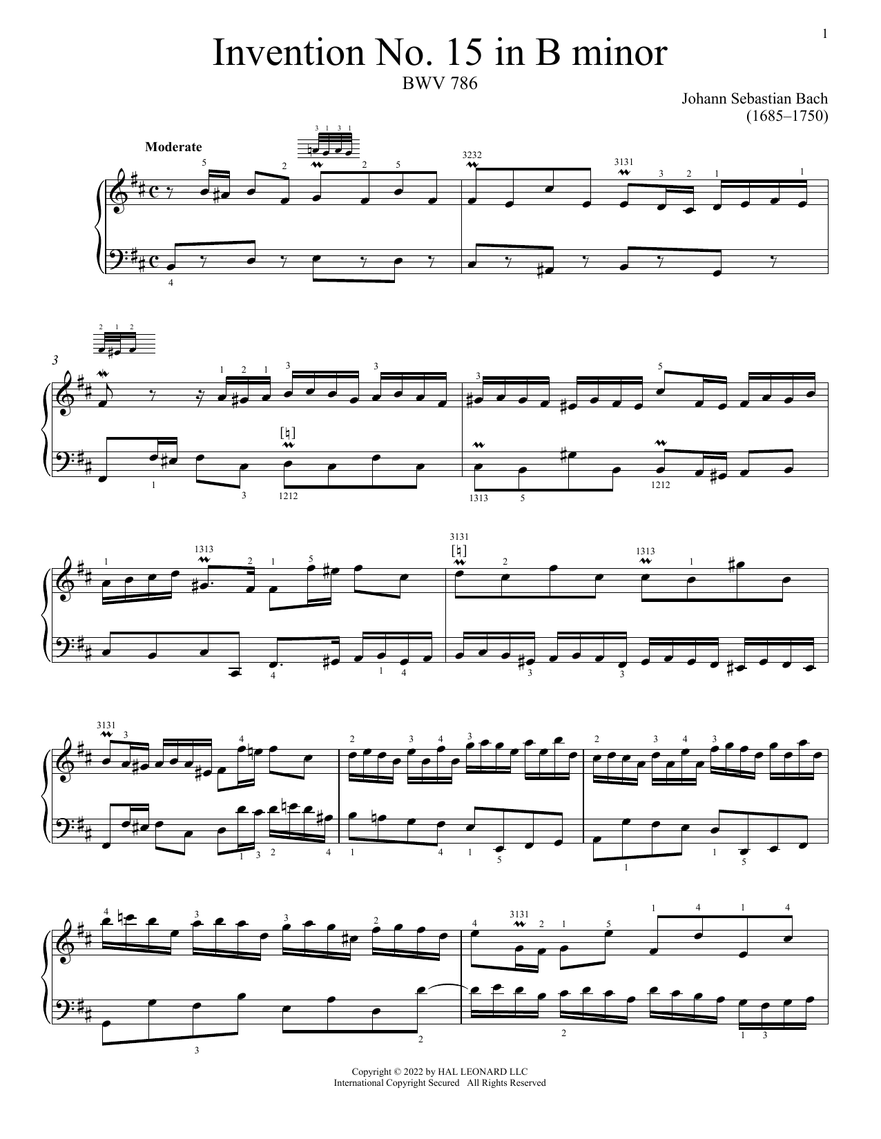 Johann Sebastian Bach Invention No. 15 In B Minor, BWV 786 sheet music notes and chords arranged for Piano Solo