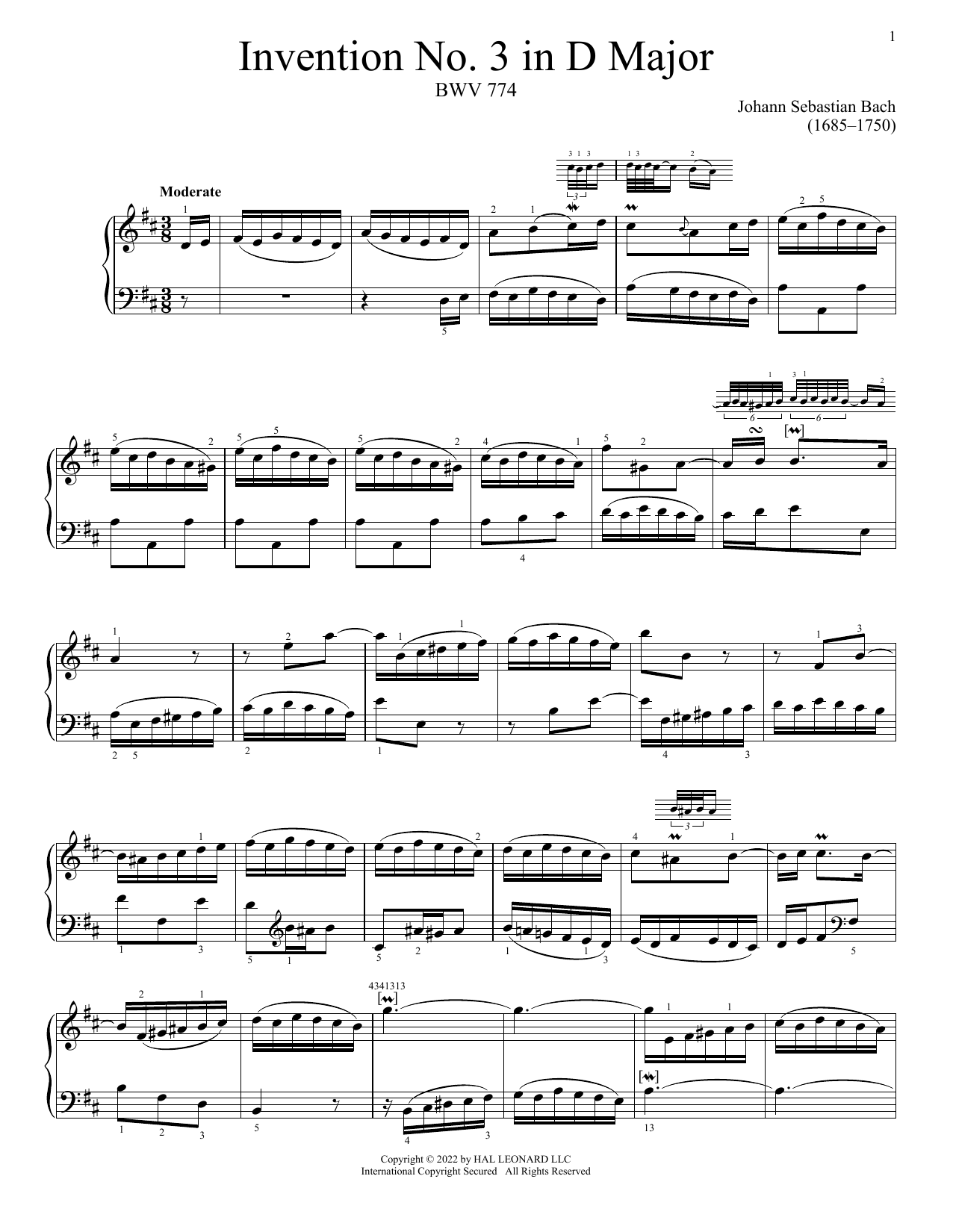 Johann Sebastian Bach Invention No. 3 In D Major, BWV 774 sheet music notes and chords arranged for Piano Solo