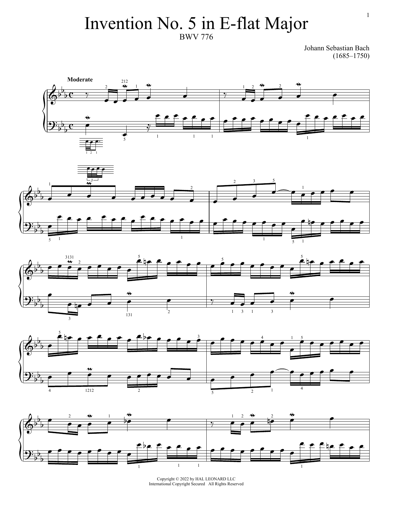 Johann Sebastian Bach Invention No. 5 In E-Flat Major, BWV 776 sheet music notes and chords arranged for Piano Solo