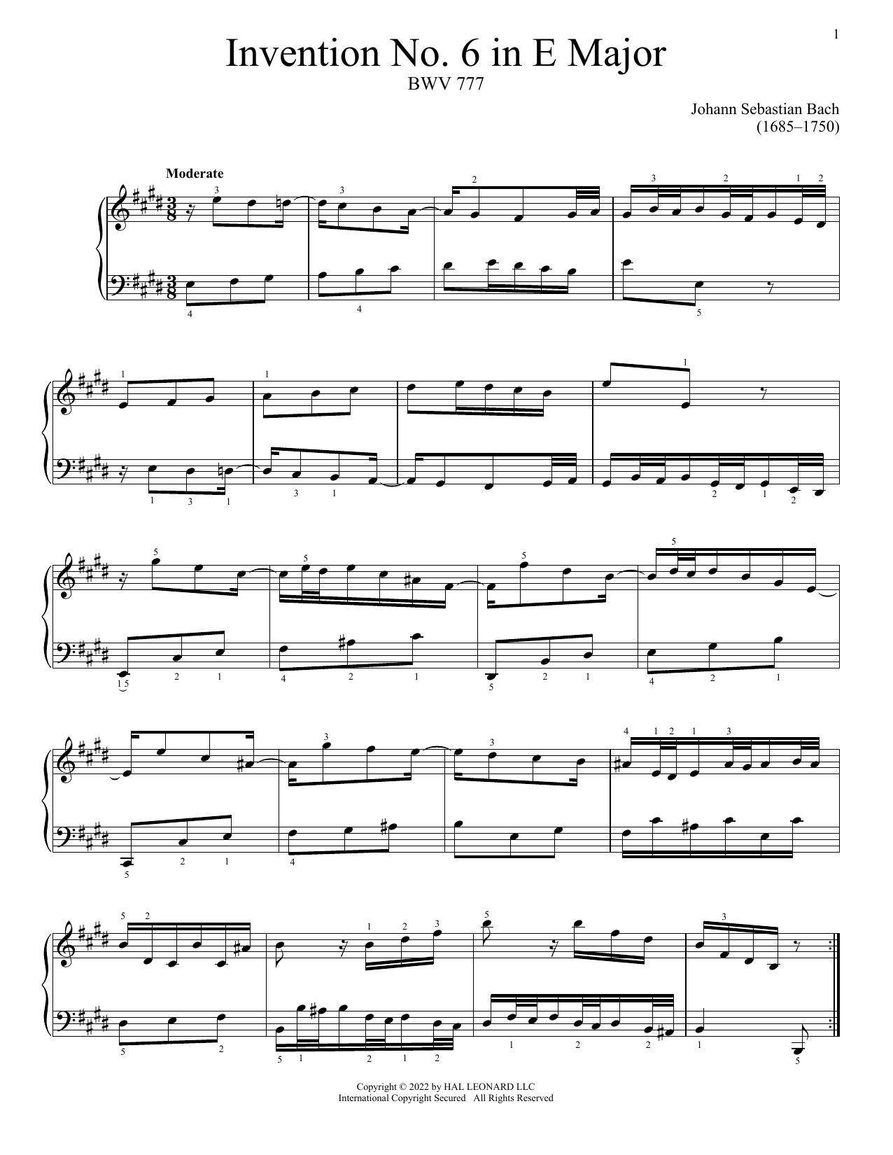 Johann Sebastian Bach Invention No. 6 In E Major, BWV 777 sheet music notes and chords arranged for Piano Solo