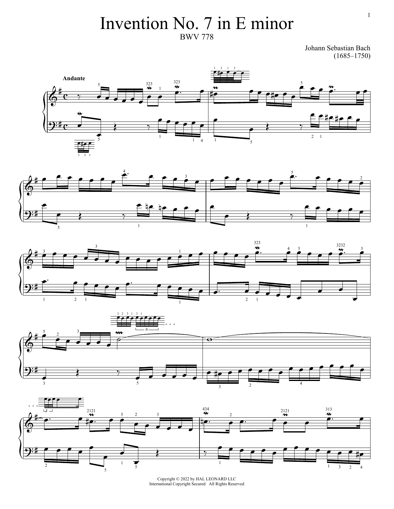 Johann Sebastian Bach Invention No. 7 In E Minor, BWV 778 sheet music notes and chords arranged for Piano Solo