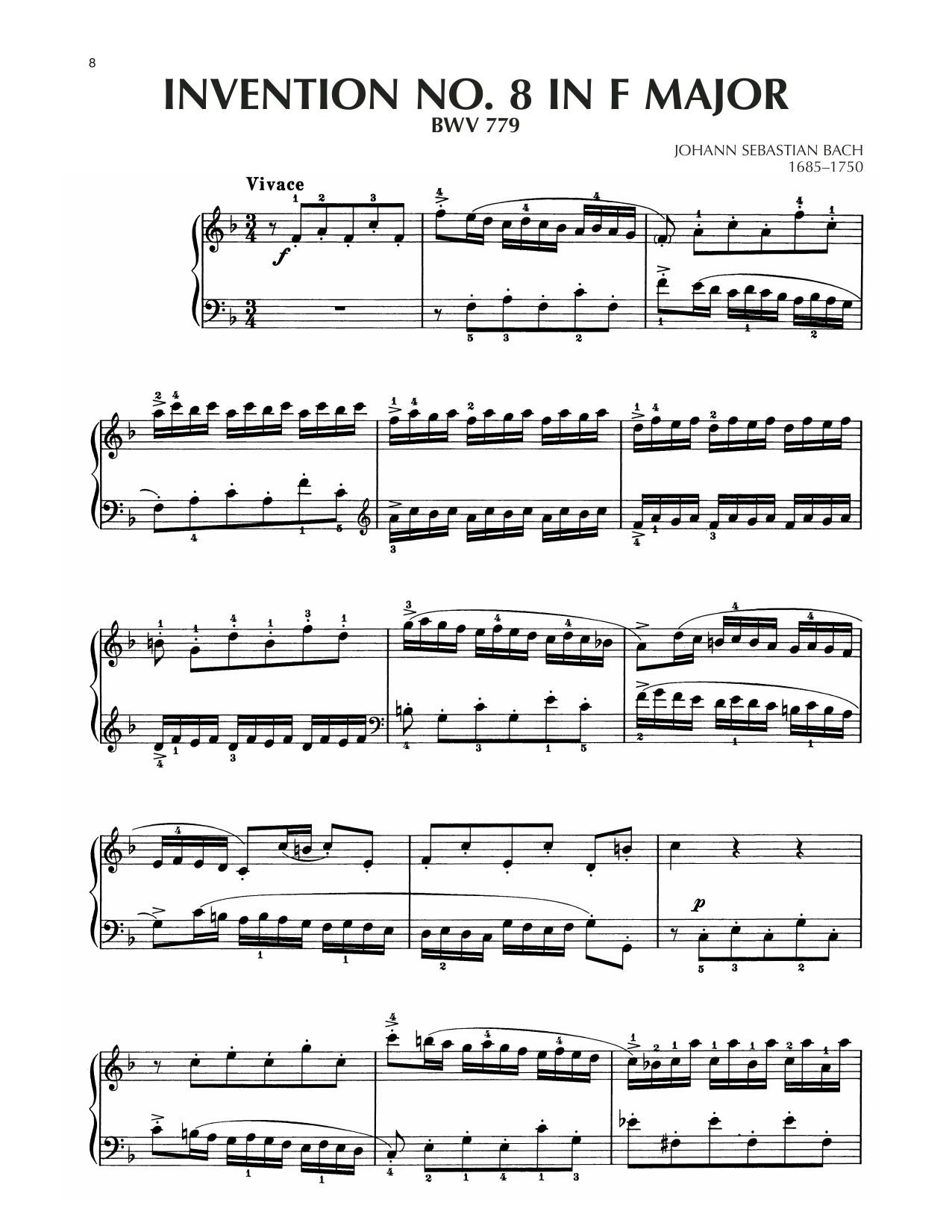 Johann Sebastian Bach Invention No. 8 In F Major, BWV 779 sheet music notes and chords arranged for Piano Solo