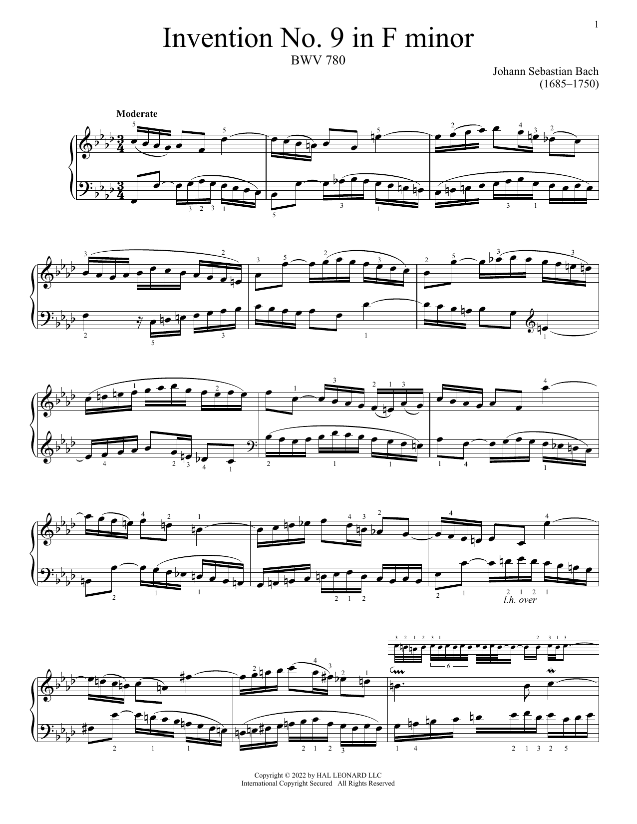 Johann Sebastian Bach Invention No. 9 In F Minor, BWV 780 sheet music notes and chords arranged for Piano Solo