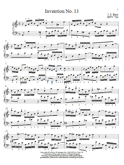 Johann Sebastian Bach Invention No.13 sheet music notes and chords arranged for Piano Solo