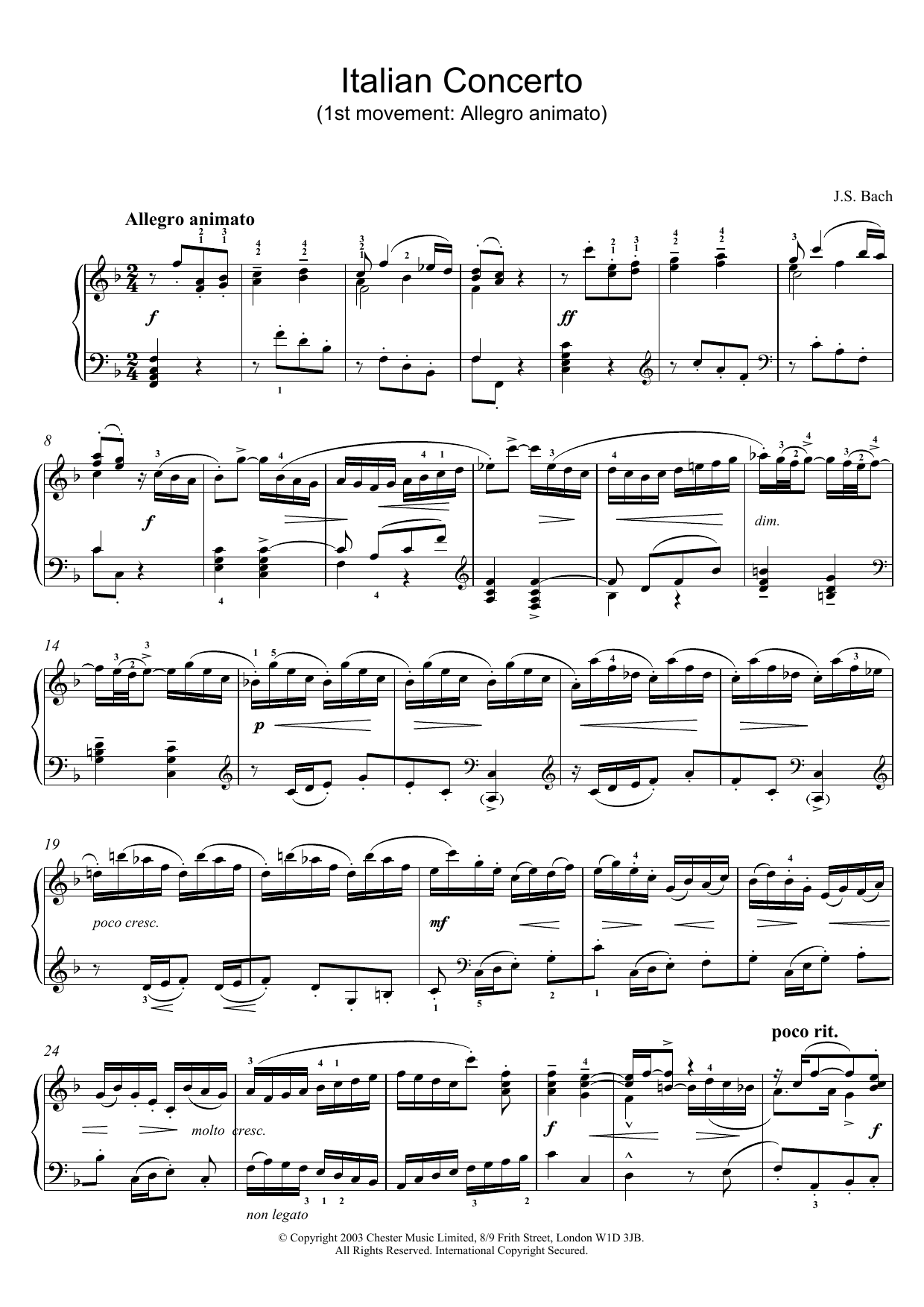 Johann Sebastian Bach Italian Concerto (1st movement: Allegro animato) sheet music notes and chords arranged for Piano Solo